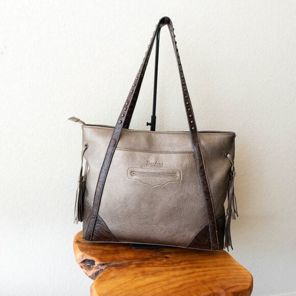 American West Bandana Tote Bronze Tooled Leather Tassels Studded Western - Picture 3 of 11